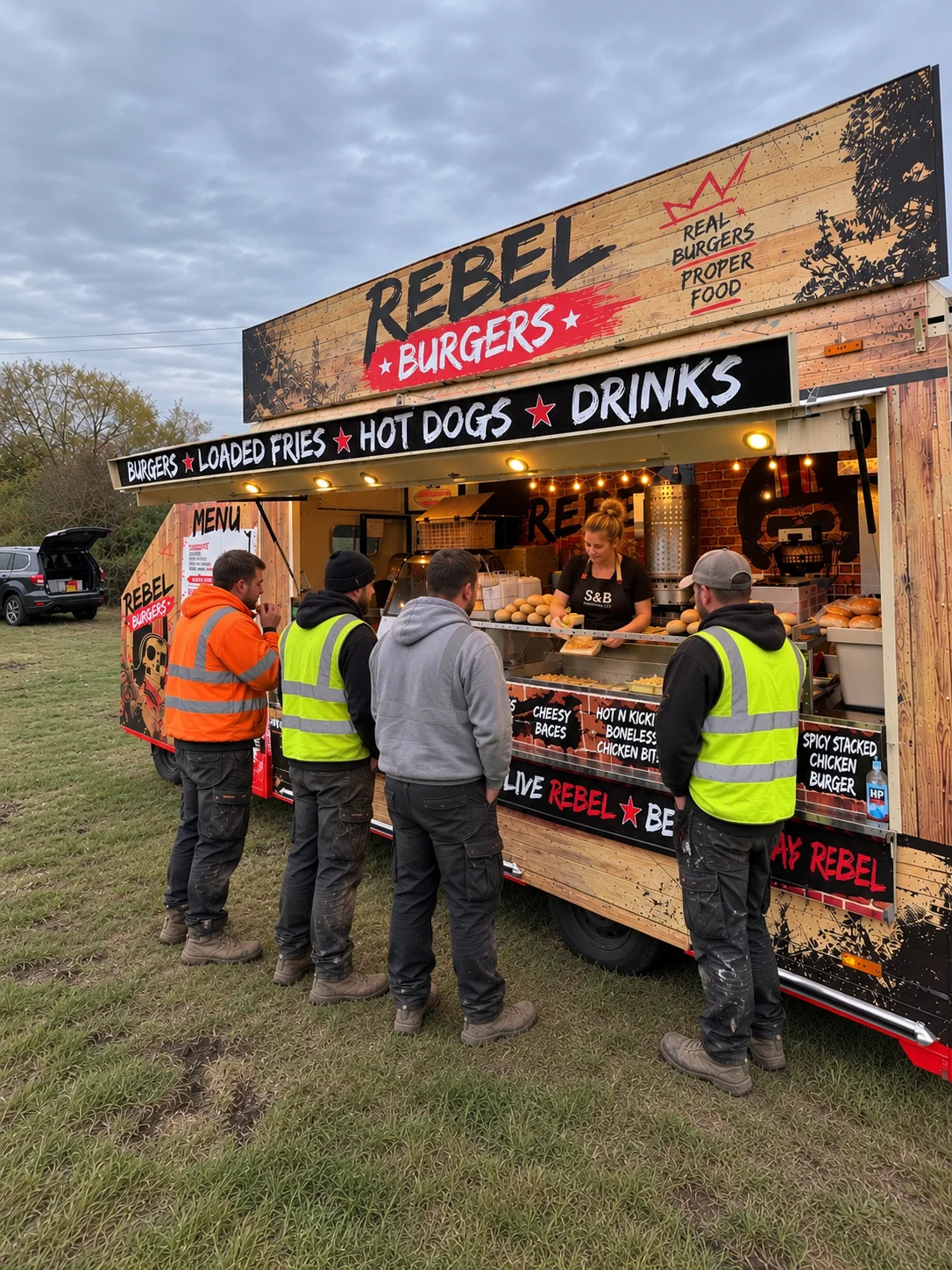 S&B Catering serving workers in high-visibility clothing from the Rebel Burgers mobile catering unit